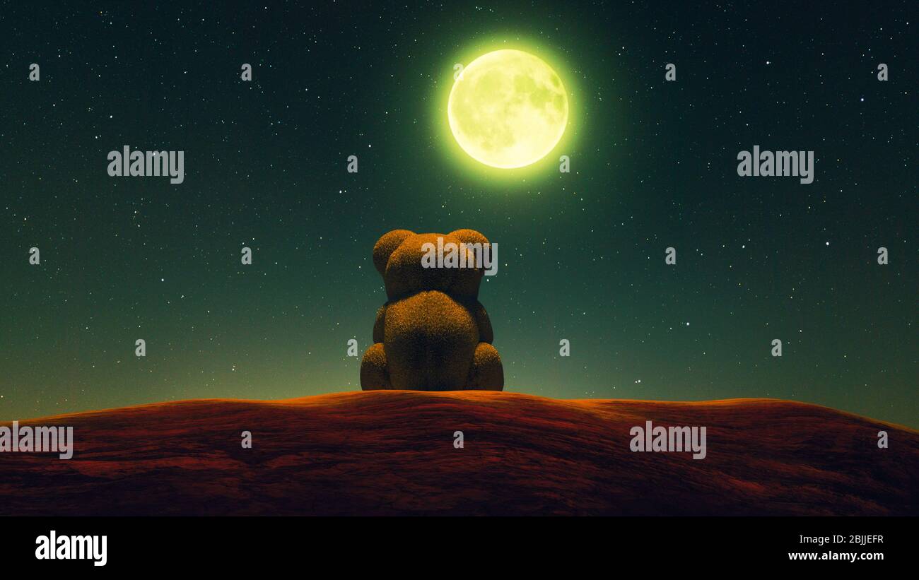 Orsacchiotto sedendosi sotto la luna da solo, rendering 3d Foto Stock