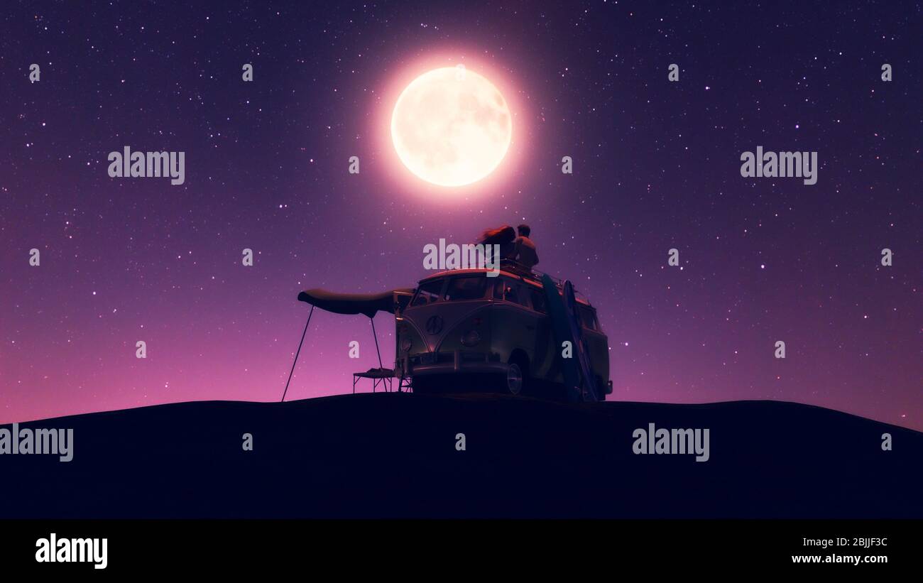 Coppia romantica seduta sul tetto del camper sotto il chiaro di luna, illustrazione 3d Foto Stock