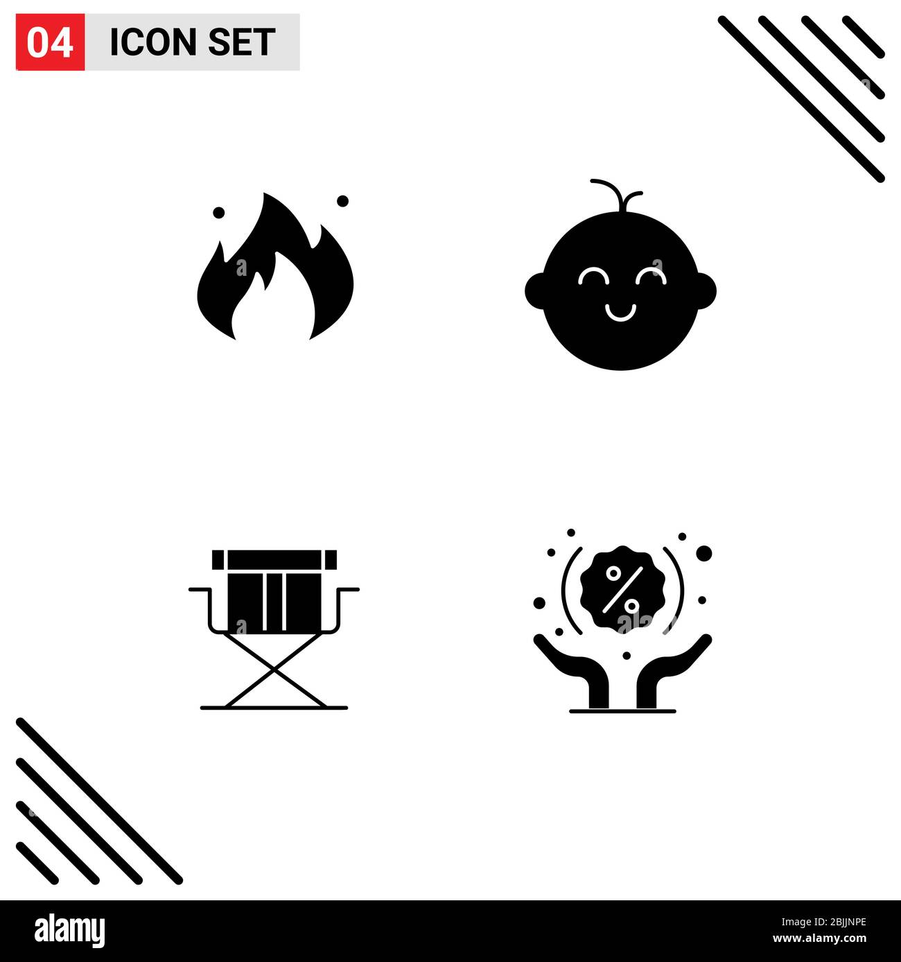 Universal Icon Symbols Gruppo di 4 moderni Solid Glyphs di fuoco, registi, costruzione, neonato, sconto Editable Vector Design Elements Illustrazione Vettoriale