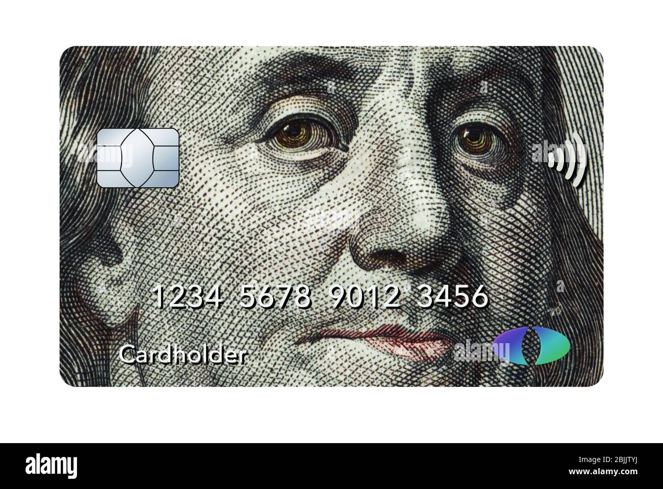 Benjamin Franklin è visto come un'immagine su una carta di credito o di debito in questa illustrazione circa soldi e finanza. Foto Stock