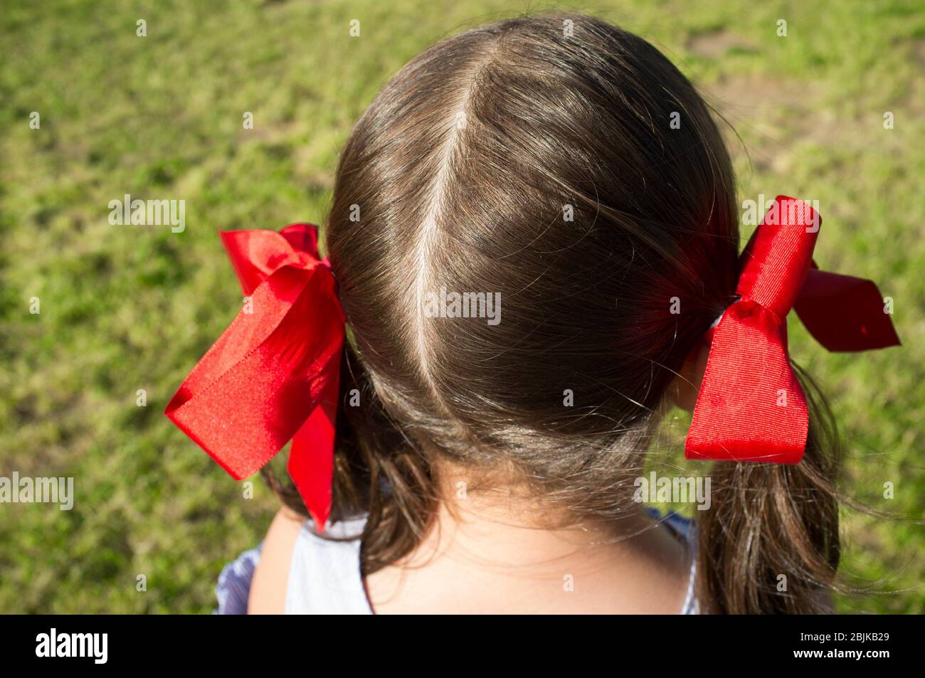 Testa della bambina con capelli a prua di nastro rosso sulle sue pigtail. Scatto dall'alto. Foto Stock