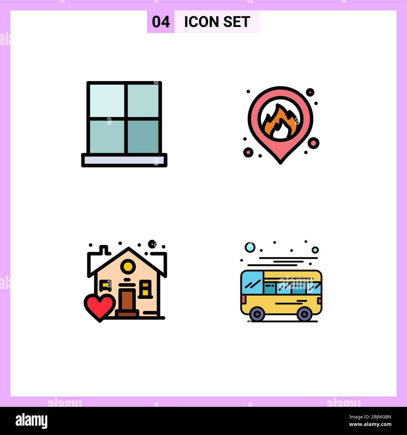 Universal Icon Symbols Gruppo di 4 Filledline moderno colori piatti degli edifici, preferito, casa, posizione, autobus Editable Vector Design elementi Illustrazione Vettoriale