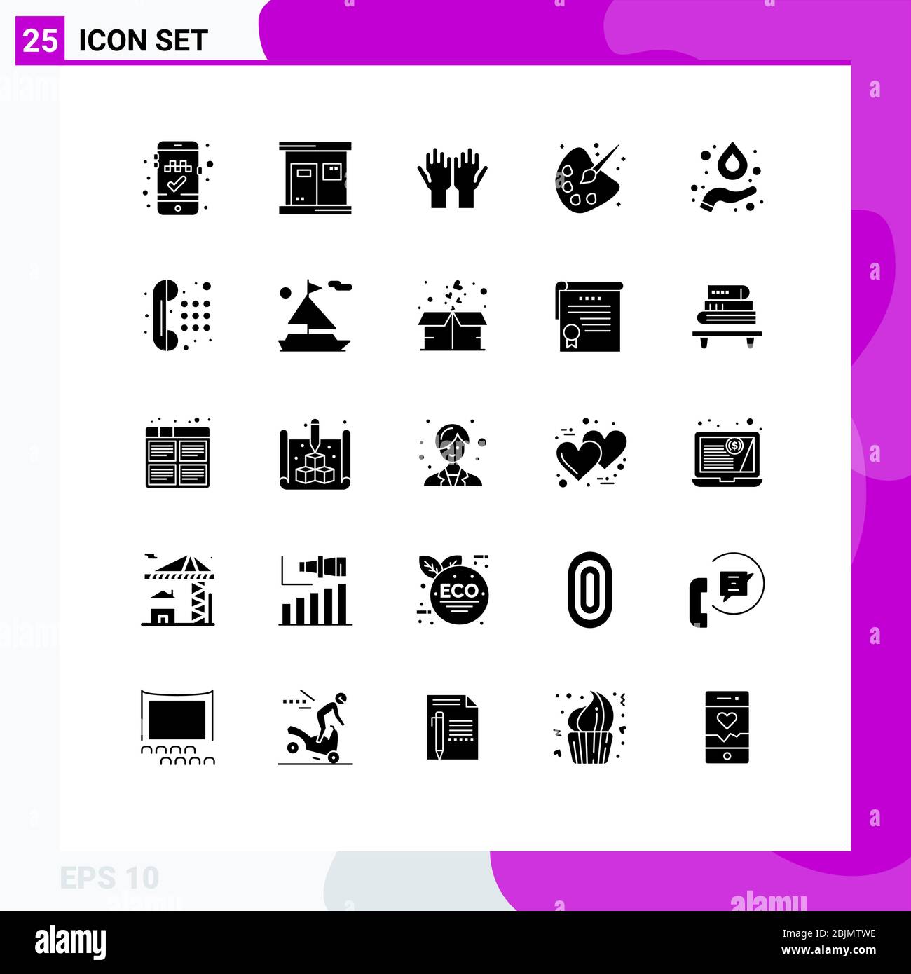 25 interfaccia utente Solid Glyph Pack di segni moderni e simboli di idrogeno, pittura, preghiera, istruzione, colore elementi di disegno vettoriale editabili Illustrazione Vettoriale