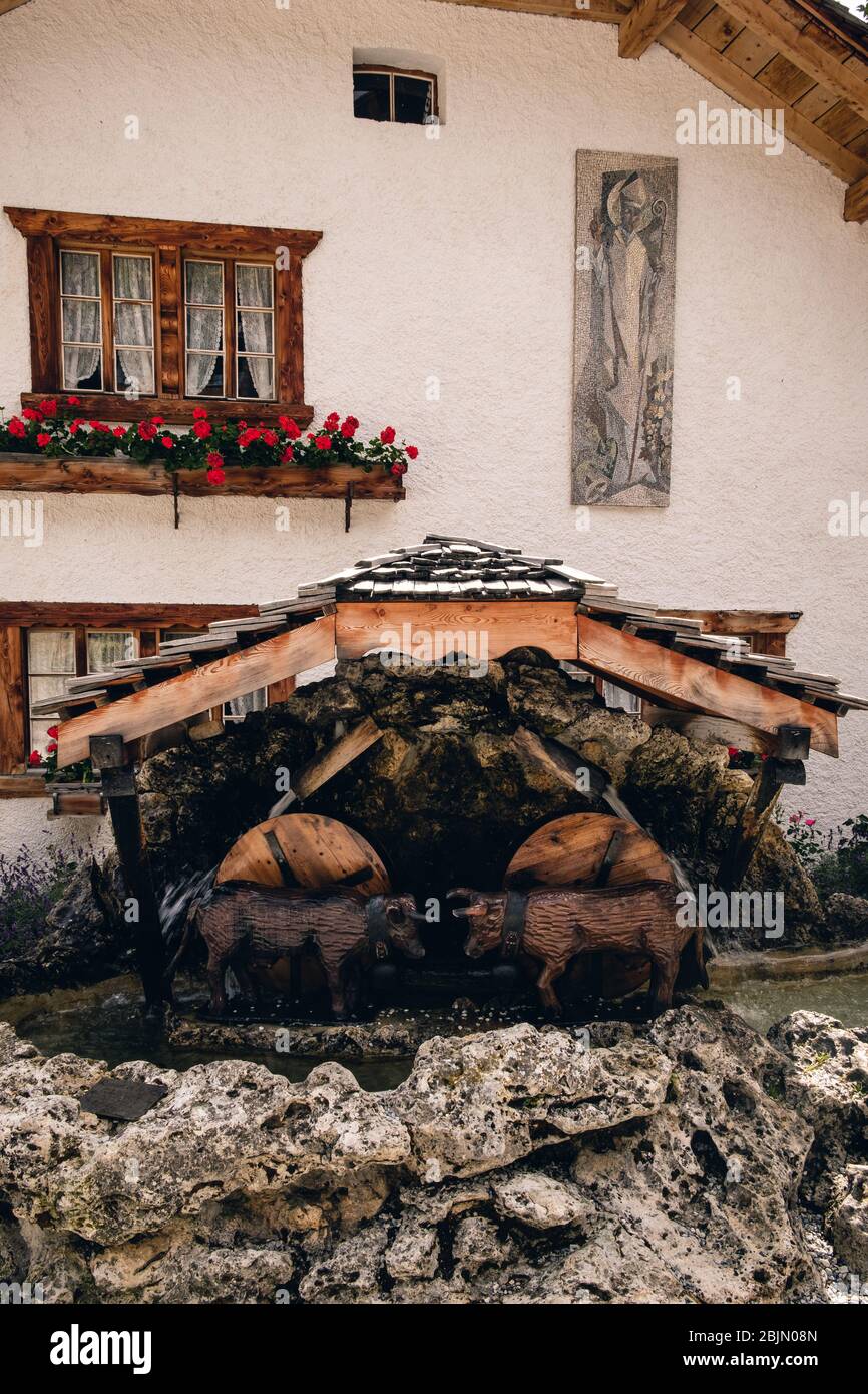 Grimentz, Vallese, Svizzera - Agosto 9 2018 : scultura - fontana di mucche da combattimento chiamata Combat de Reines (lotta delle regine) di Claudio Florey Foto Stock