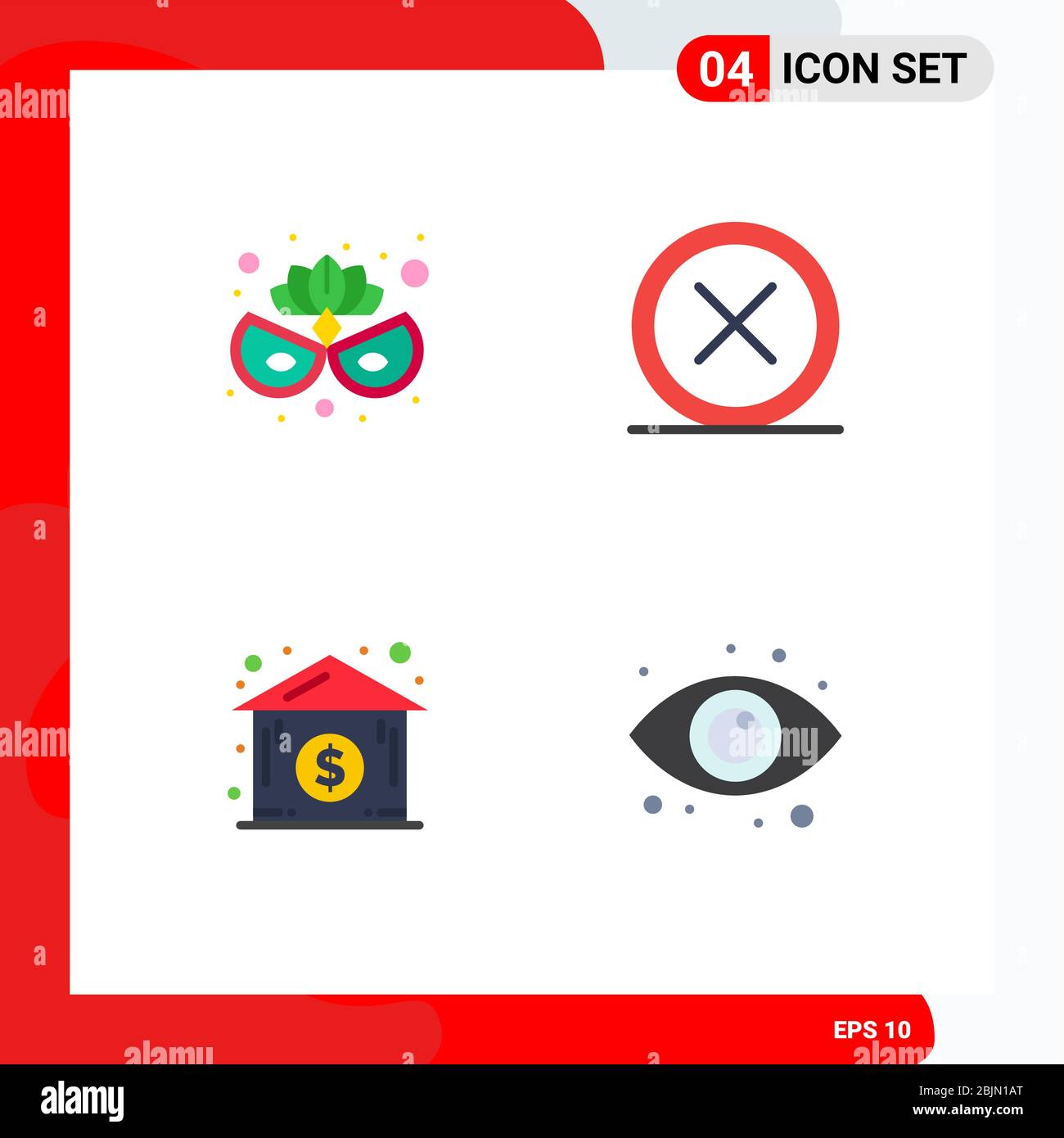 Set di 4 icone piatte vettoriali sulla griglia per maschera carnevale, casa, annullare, uscire, Eye Editable Vector Design Elements Illustrazione Vettoriale