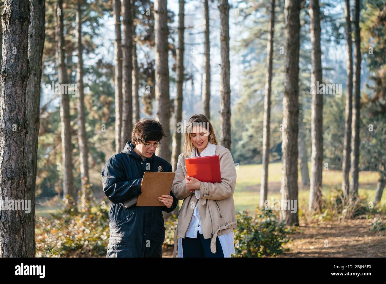 Gli scienziati studiano specie vegetali e ispezionano gli alberi nella foresta. Foto Stock