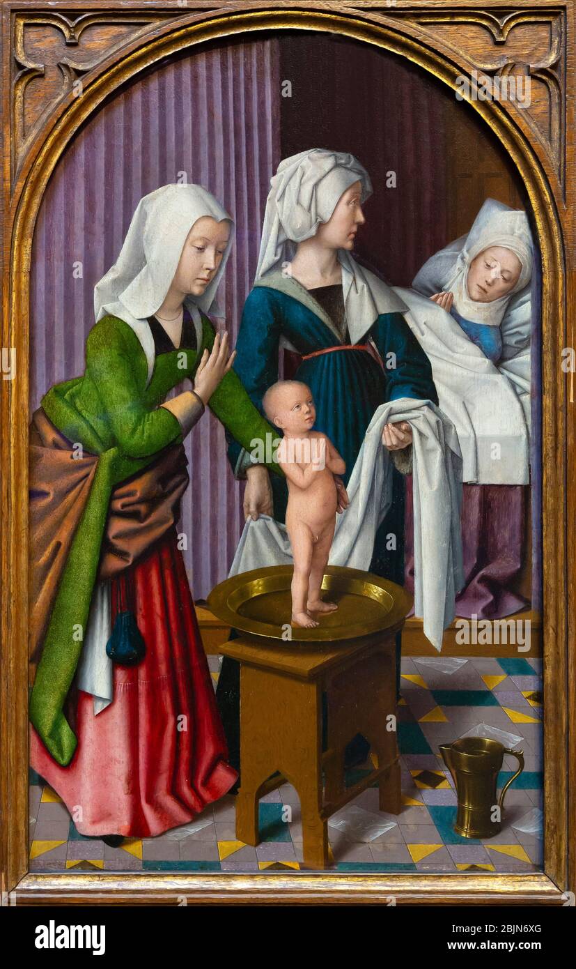 San Nicola come bambino in piedi in su in un bacino che ringrazia Dio per la sua nascita, tre leggende di San Nicola, Gerard David, circa 1500-1520, Foto Stock
