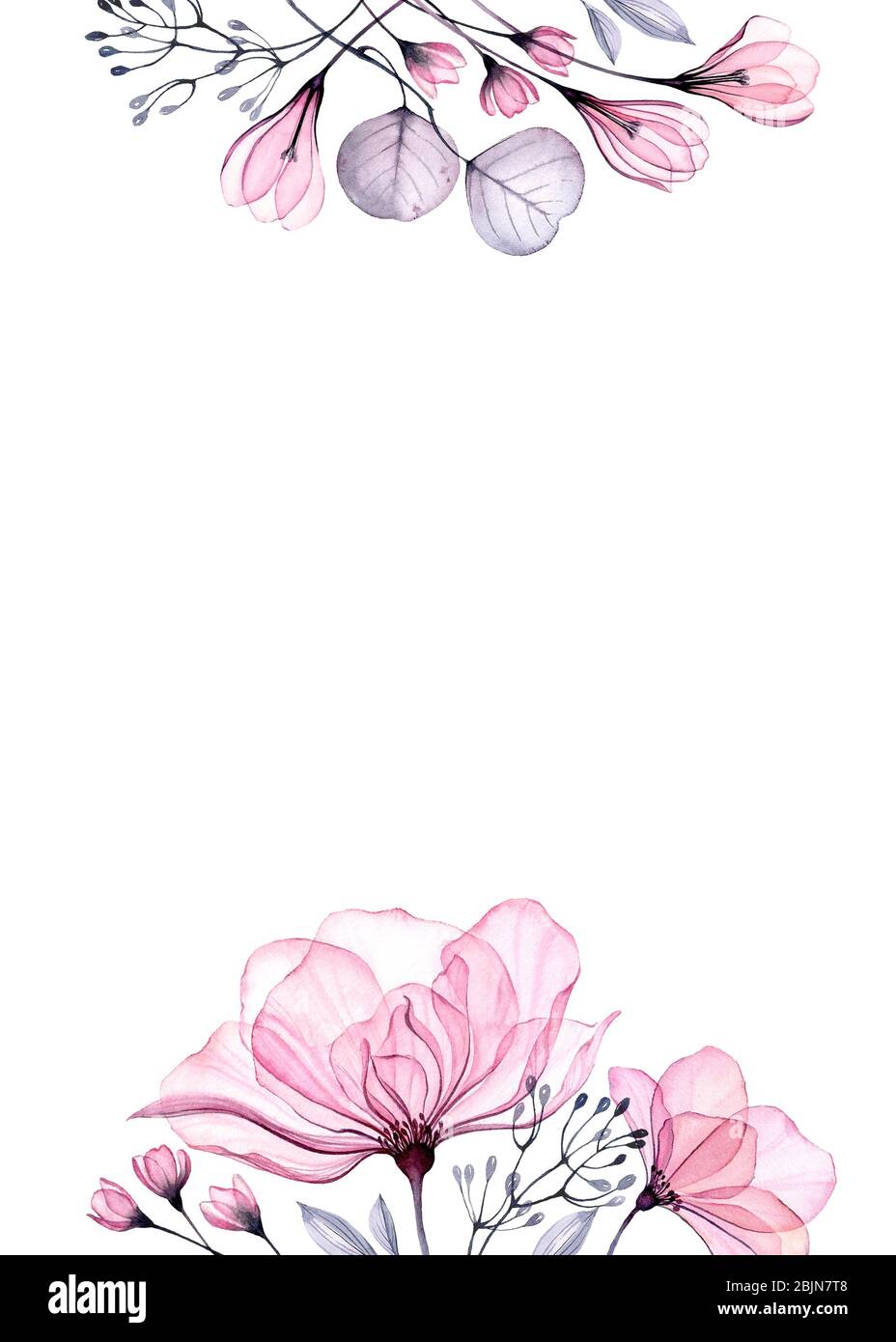 Banner floreale acquerello. Modello di scheda A5 verticale con posizione per il testo. Isolato mano disegnato astratto sfondo con rosa grande e fiori di croco Foto Stock