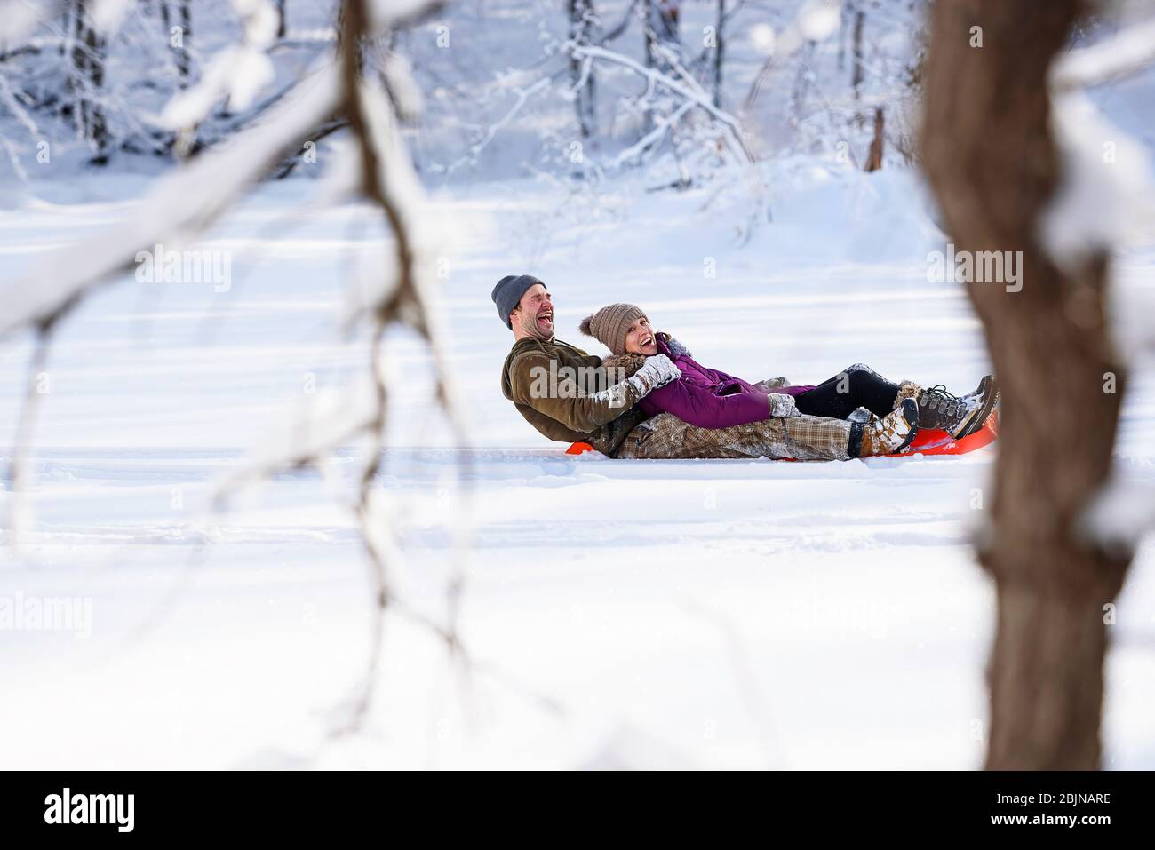 Uomo e donna che slittano giù una collina nella neve, Stati Uniti Foto Stock