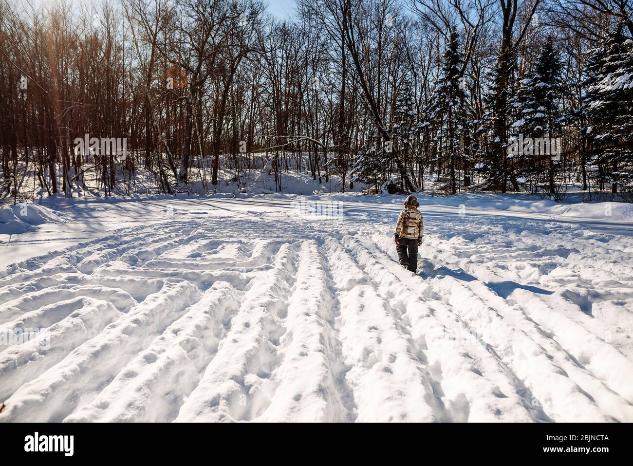 Ragazzo che cammina attraverso un labirinto di neve, USA Foto Stock
