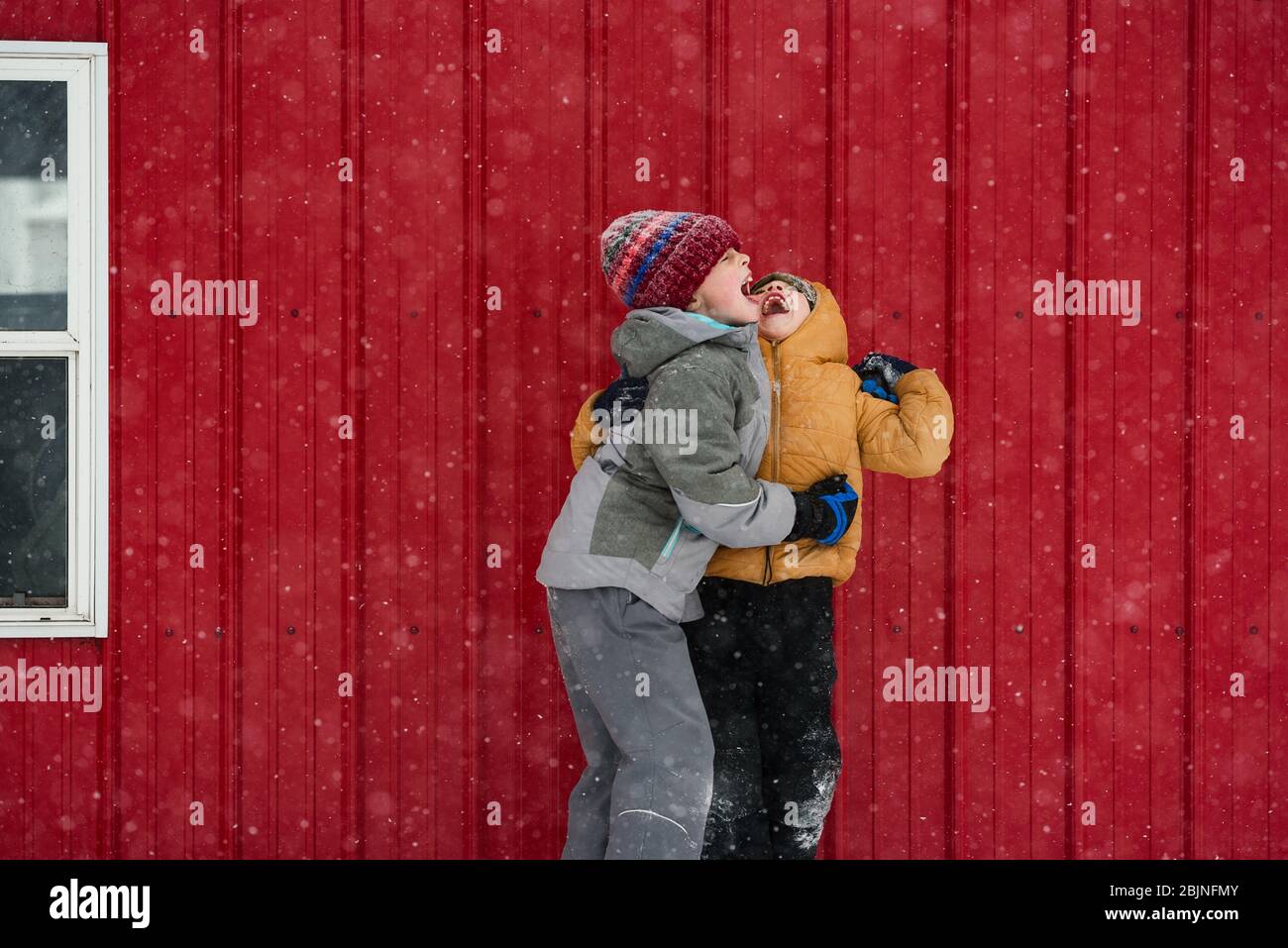 Due bambini che catturano fiocchi di neve in bocca, USA Foto Stock