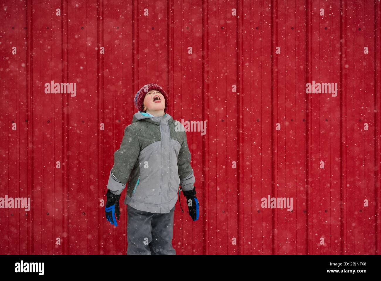 Ragazza cattura fiocchi di neve in bocca, Stati Uniti Foto Stock