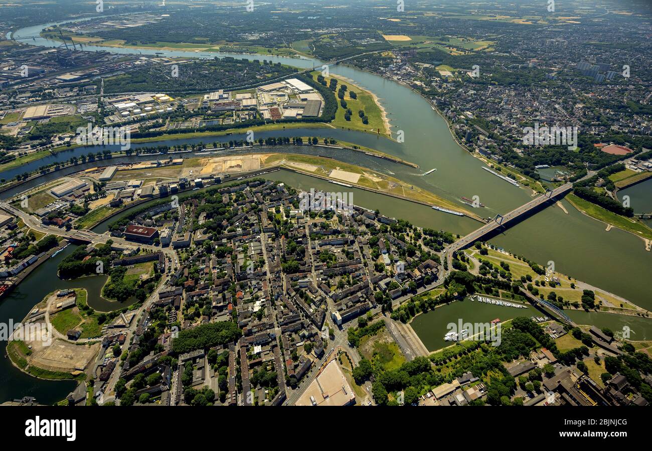, foce della Ruhr nel fiume Reno e porto di Duisburg, 19.06.2017, vista aerea, Germania, Nord Reno-Westfalia, Ruhr Area, Duisburg Foto Stock