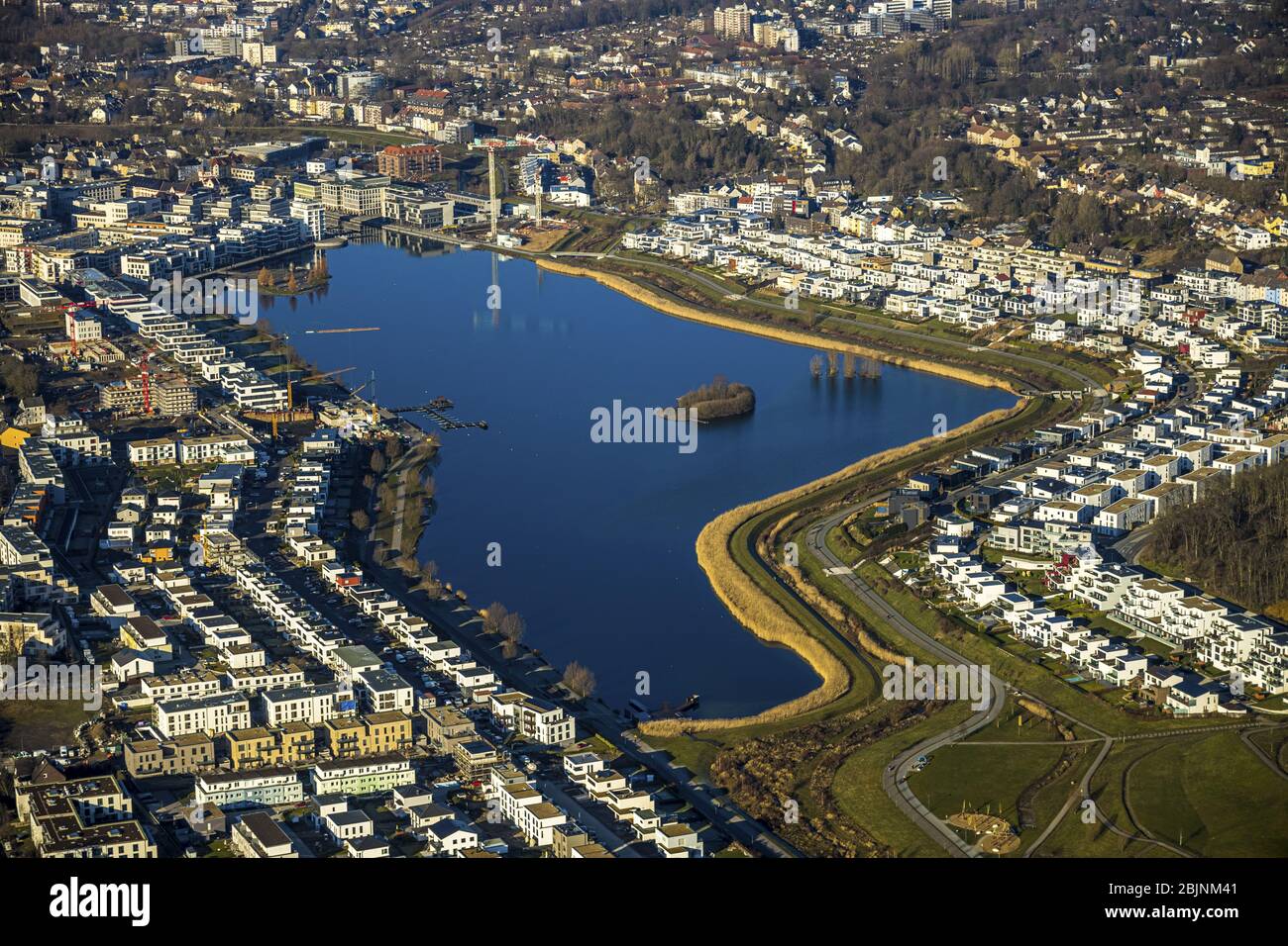 Vista del lago Phoenix nel quartiere Hoerde, 21.01.2020, vista aerea, Germania, Nord Reno-Westfalia, Ruhr Area, Dortmund Foto Stock