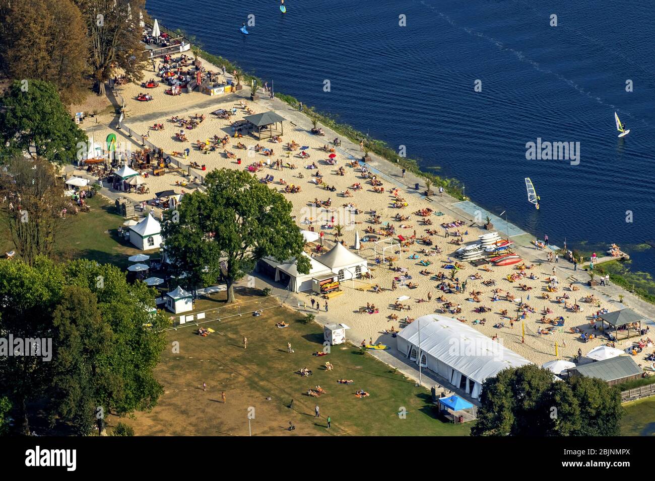 Spiaggia balneare pubblica Baldeney spiaggia a Essen sul fiume Ruhr, 25.09.2016, vista aerea, Germania, Nord Reno-Westfalia, Ruhr Area, Essen Foto Stock