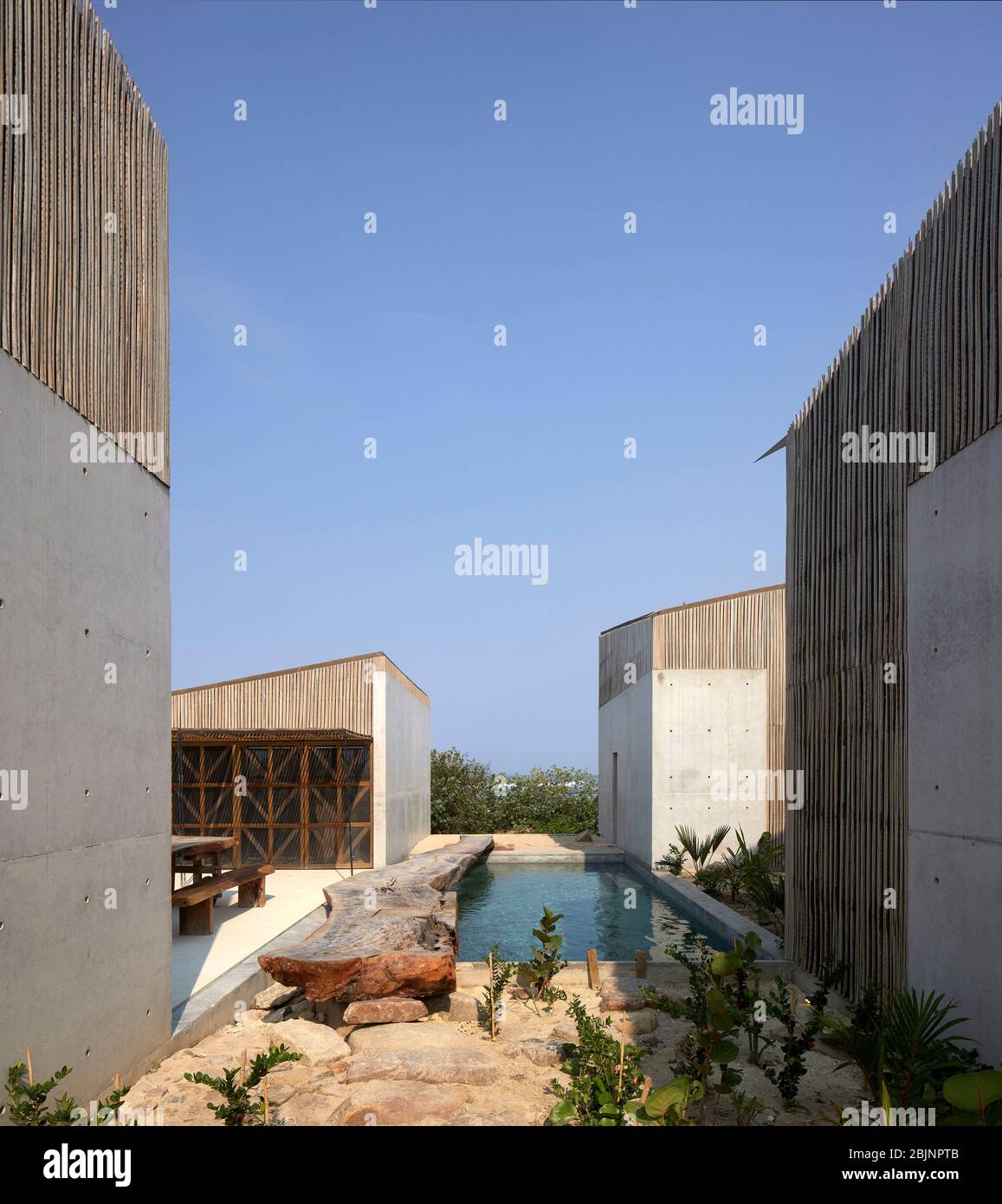 Piscina centrale tra quattro strutture. Casa Naila, Puerto Escondido, Messico. Architetto: BAAQ, 2020. Foto Stock