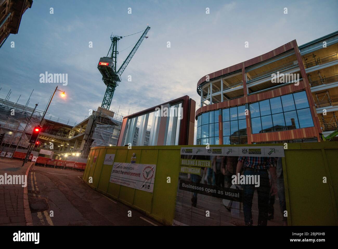 La mattina presto al Broadmarsh Development, Nottingham City South Side catturato durante la chiusura di Covid-19 aprile 2020, Nottinghamshire Inghilterra Regno Unito Foto Stock