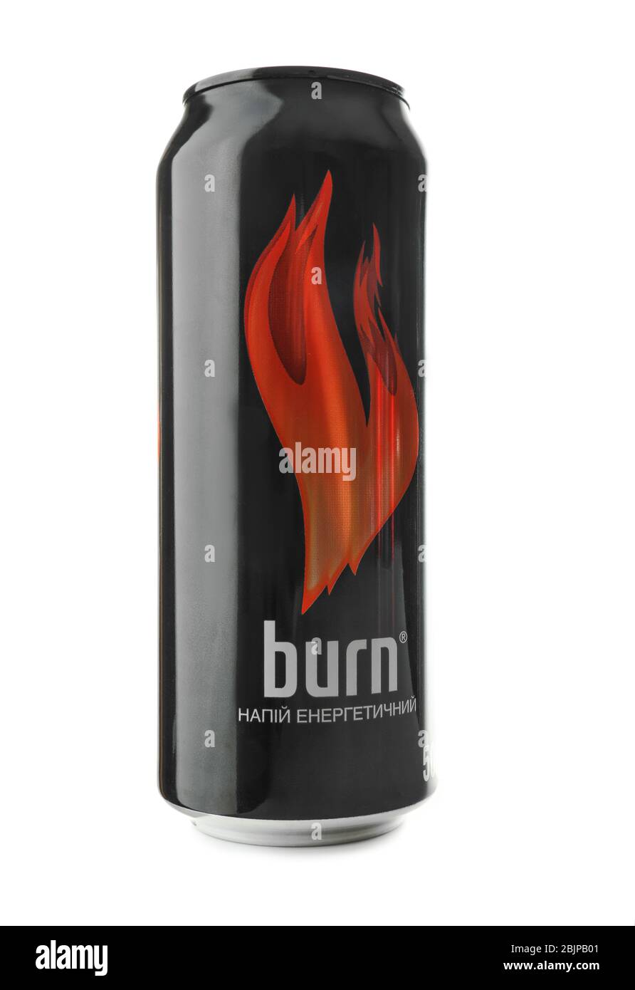 KIEV, UCRAINA - 18 SETTEMBRE 2017: CAN of Burn originale su sfondo bianco Foto Stock