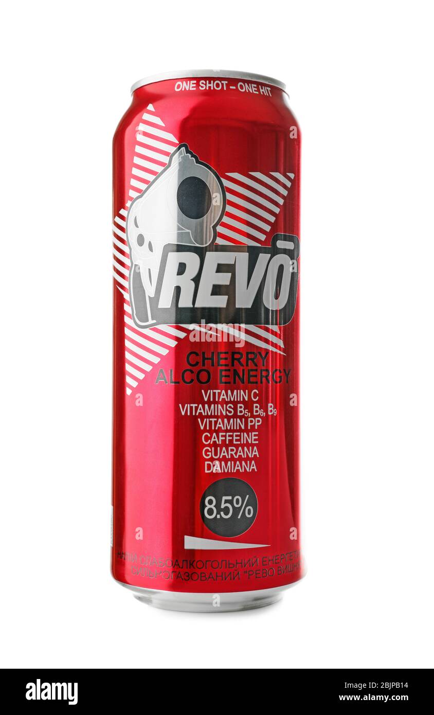 KIEV, UCRAINA - 18 SETTEMBRE 2017: CAN di Revo Cherry su sfondo bianco Foto Stock