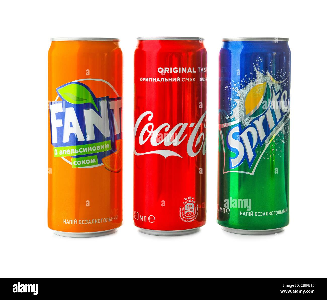 KYIV, UCRAINA - 18 SETTEMBRE 2017: Lattine di Fanta, Coca-Cola e Sprite su sfondo bianco Foto Stock