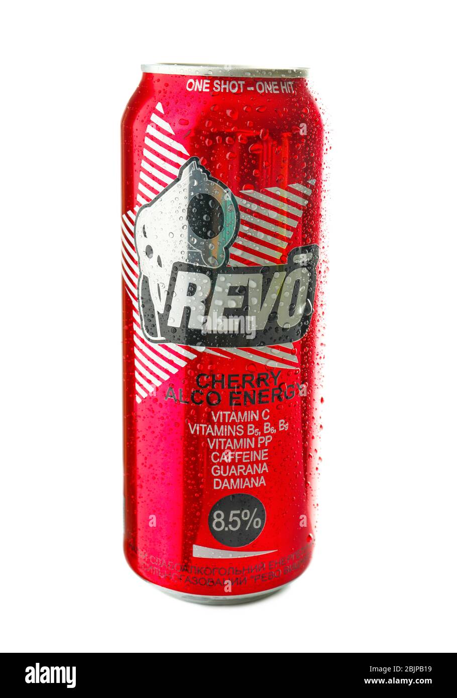 KIEV, UCRAINA - 18 SETTEMBRE 2017: CAN di Revo Cherry su sfondo bianco Foto Stock