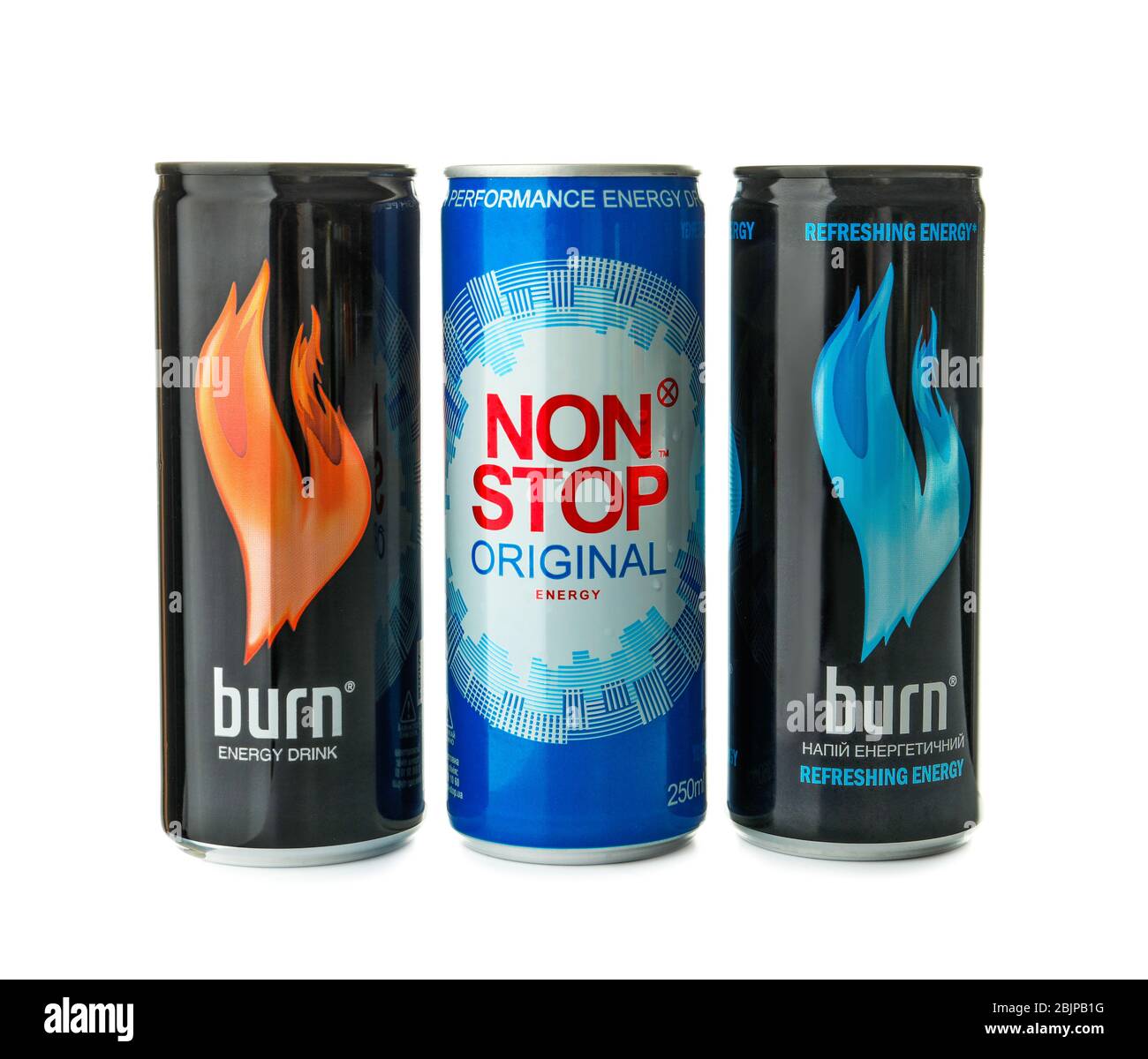 KIEV, UCRAINA - 18 SETTEMBRE 2017: Lattine di Burn e non Stop su sfondo bianco Foto Stock