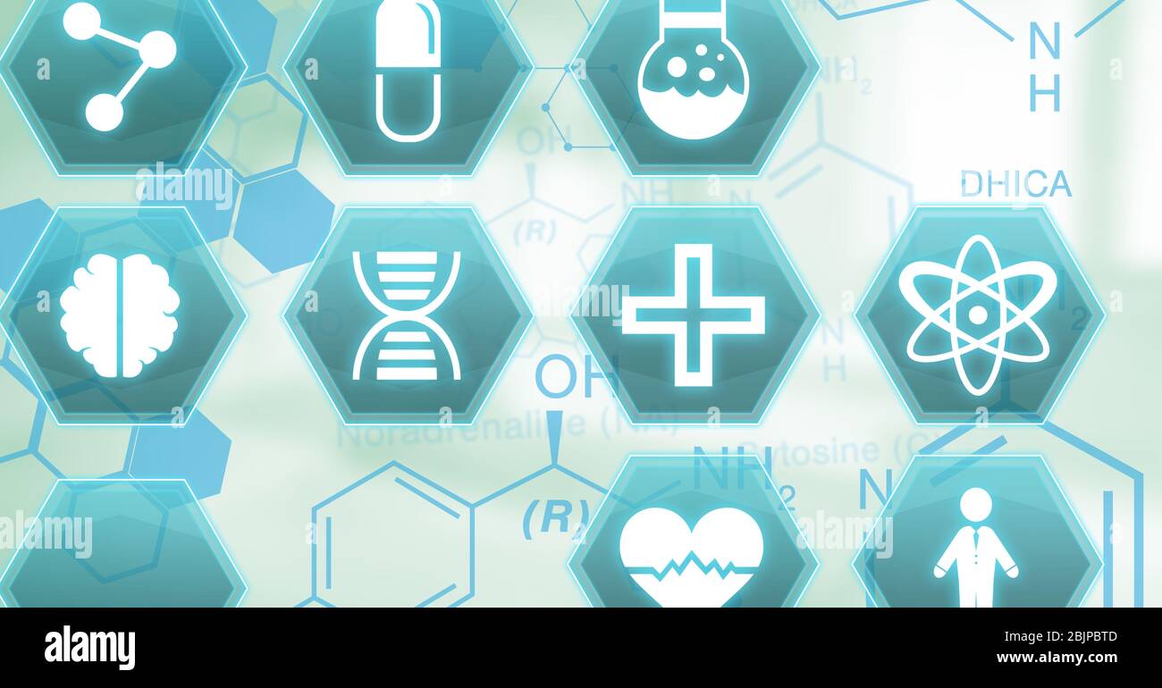 Illustrazione digitale delle icone mediche su un elemento chimico sullo sfondo Foto Stock