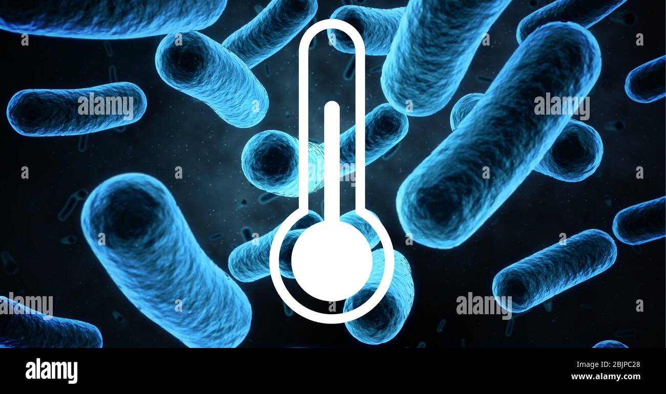 Illustrazione digitale di un segno di termometro su macro cellule Coronavirus Covid-19 galleggianti Foto Stock