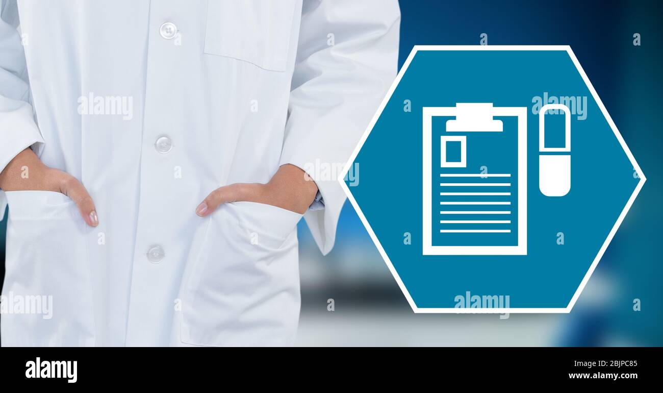 Illustrazione digitale di un medico che tiene le mani in tasca con un cartello con la scritta sulla parte posteriore blu Foto Stock
