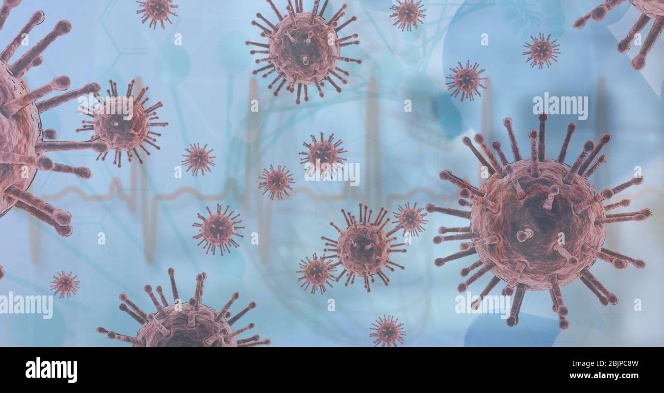 Illustrazione digitale delle cellule macro Coronavirus Covid-19 galleggianti e del monitor heartbeat sul retro blu Foto Stock
