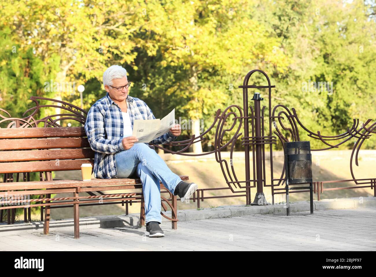 Uomo maturo bello leggere giornale su panchina in parco Foto Stock