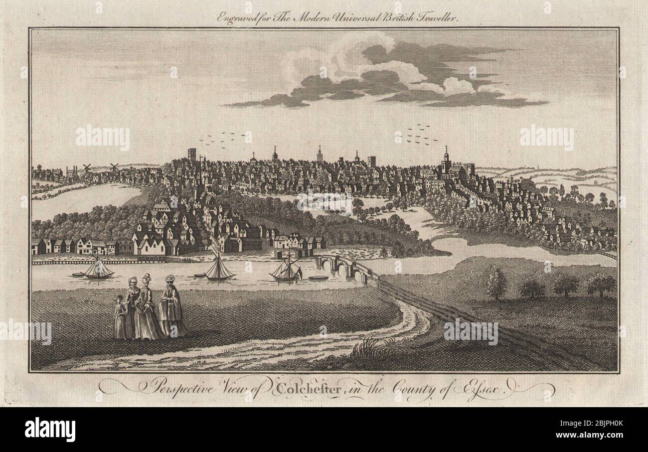 Vista prospettica di Colchester, Essex. BURLINGTON 1779 vecchia stampa antica Foto Stock