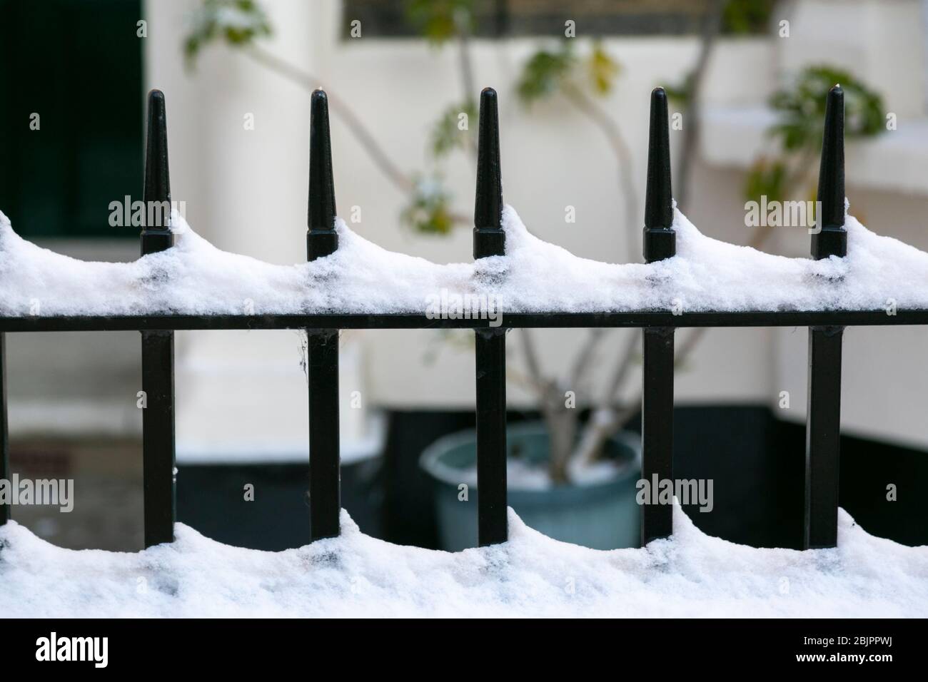 Neve accumulata su un cancello a Brixton, Londra Foto Stock