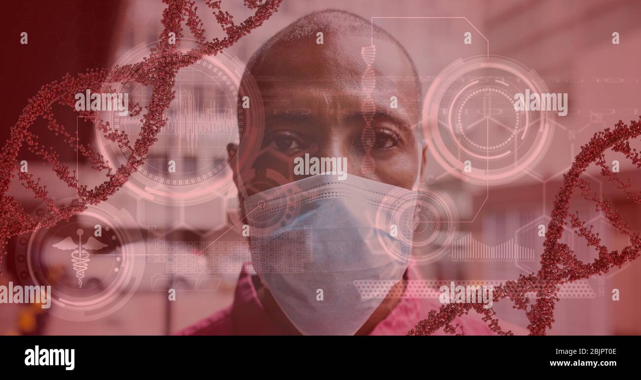 Illustrazione digitale di un uomo che indossa la maschera di coronavirus covid19 su ceppi di DNA e l'elaborazione dei dati Foto Stock
