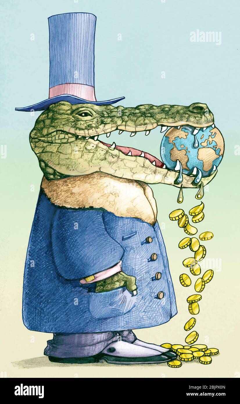 un finanziere a fronte di coccodrillo mantiene il mondo nella morsa del concetto di finanza sconsiderata e crudele Foto Stock