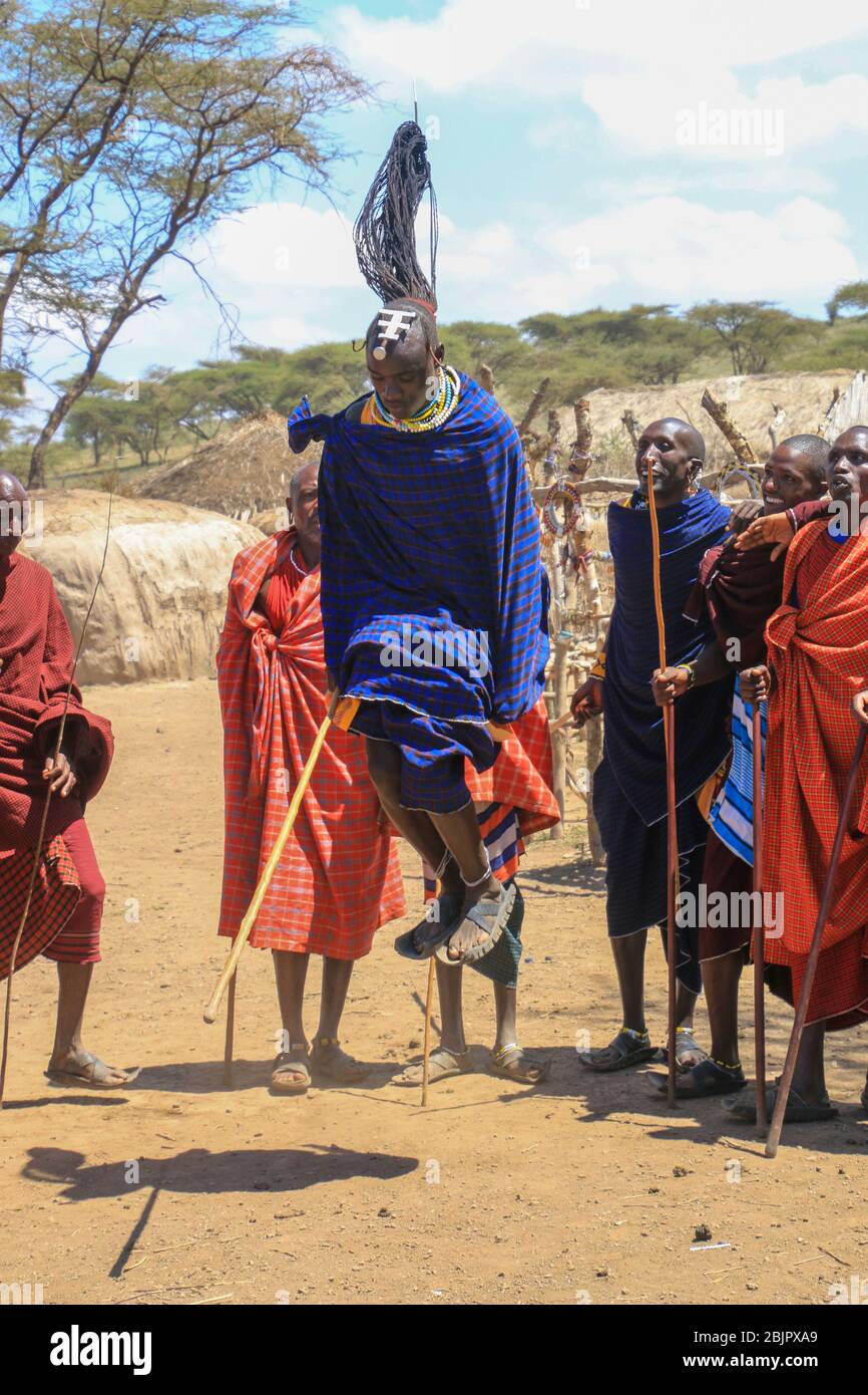 Danza tribale alla cerimonia Maasai Maasai è un gruppo etnico di persone semi-nomadi fotografate in Tanzania Foto Stock