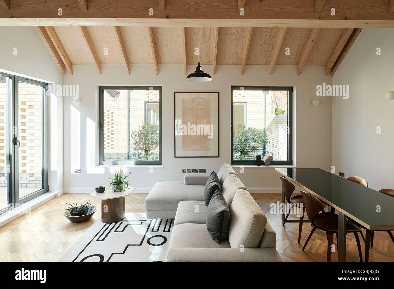 Vista sul soggiorno/cucina a pianta aperta con soffitto a volta e arredi morbidi. Spencer Courtyard, Londra, Regno Unito. Architetto: Kennedy T. Foto Stock