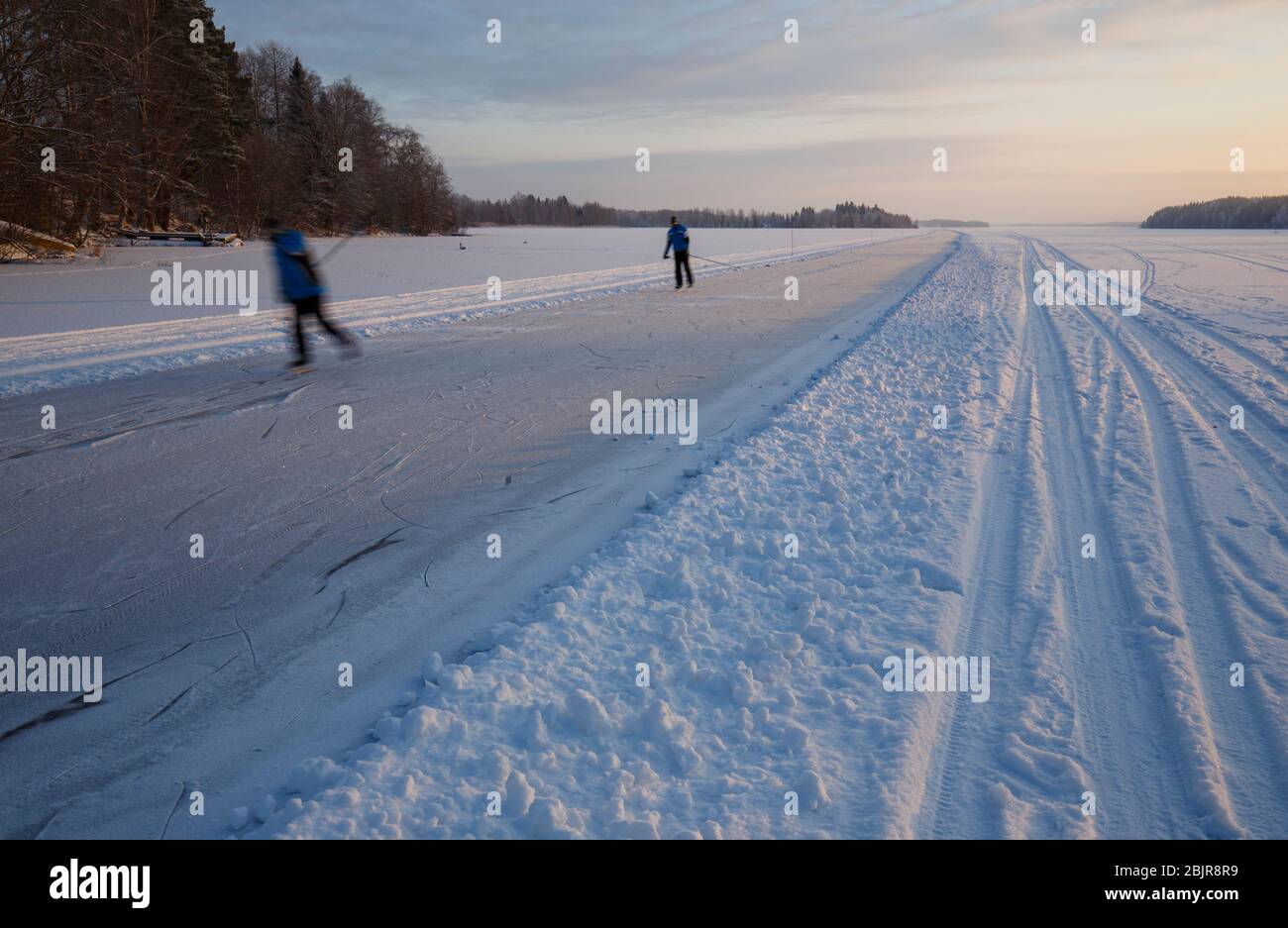 La gente pattina al pubblico, libero e mantenuto 10 chilometri percorso di pattinaggio di giro sul lago di ghiaccio, Lago Suontee, Finlandia Foto Stock