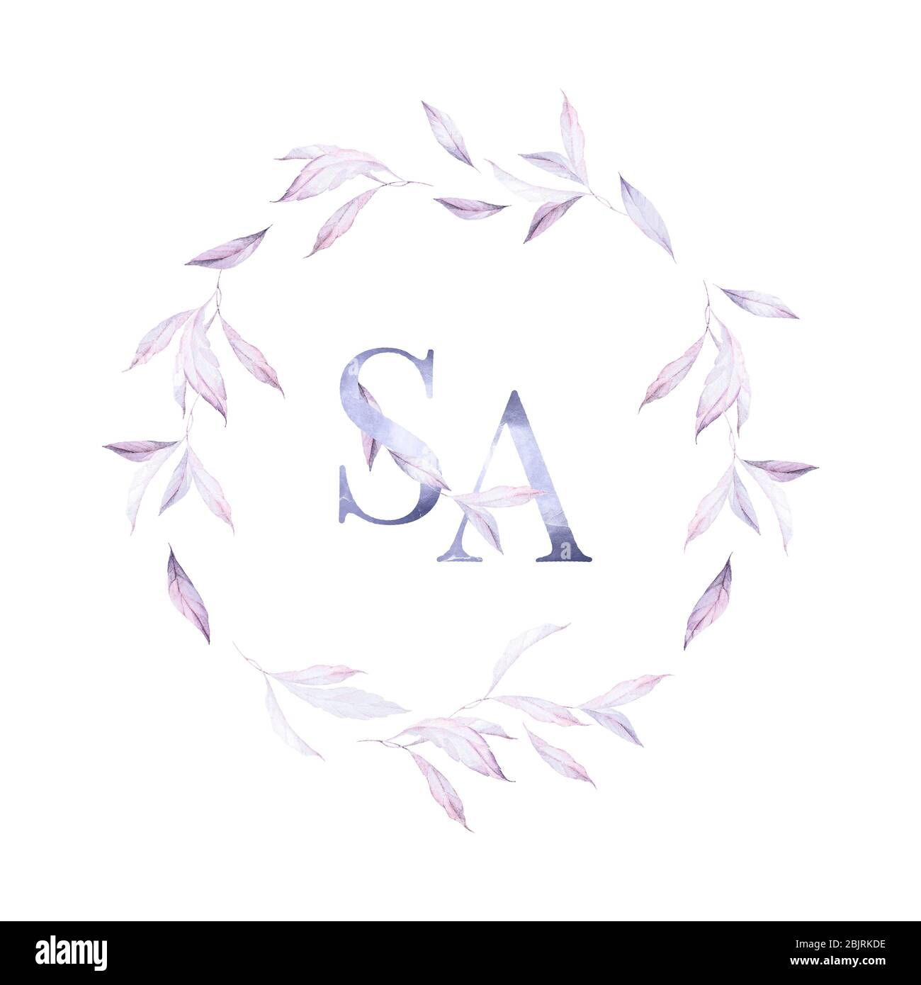 Corona floreale. Bordo monogramma. Acquerello foglie lussureggianti. Azzurro. Decorazioni per inviti a matrimoni. Banner carta. Acquerello. Qualità di stampa. Sfondo bianco Foto Stock