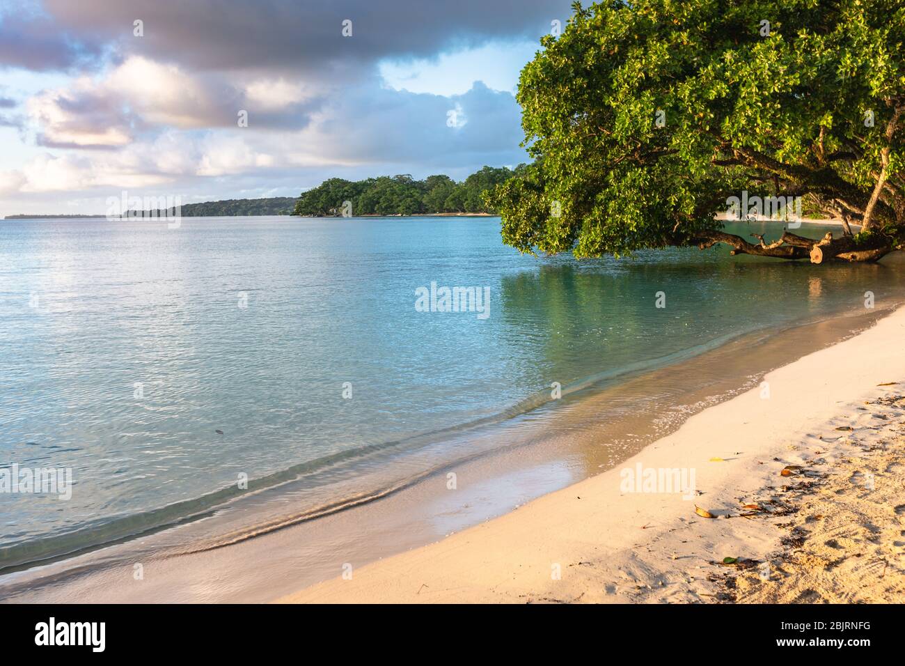Tramonto sulla spiaggia idilliaca laguna blu costa champagne su Espiritulu Santo isola Vanuatu Foto Stock