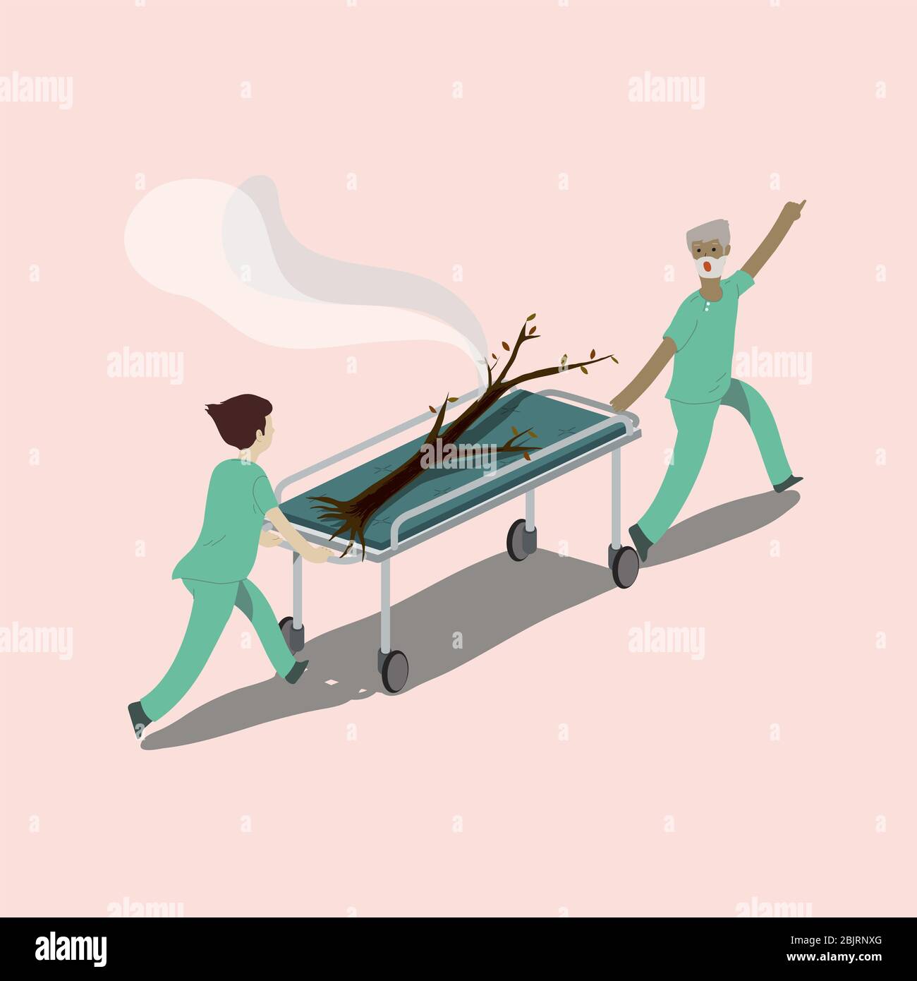 Albero bruciato salvato dal team di emergenza, che si precipita in UTI. Risparmio del concetto di invieironment. Illustrazione vettoriale a colori piatti. Foto Stock