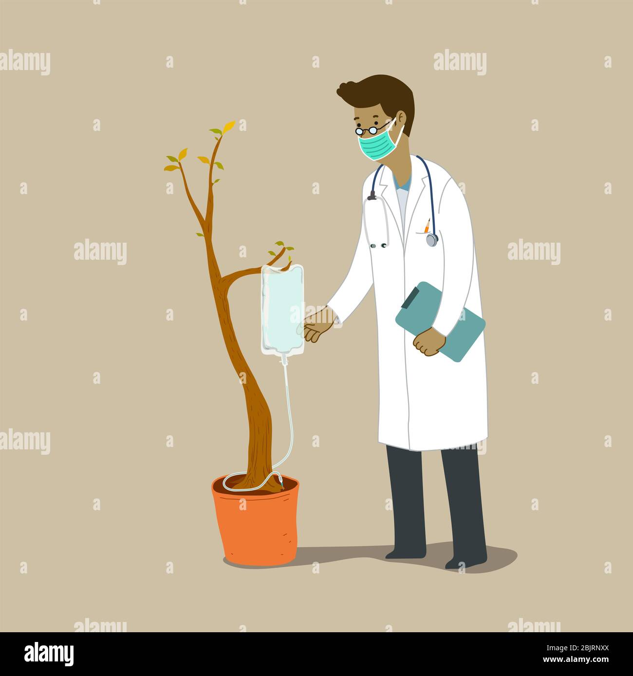 Medico che tratta l'albero malato come un paziente, sacca salina appesa sul ramo dell'albero che si dà acqua nutritiuos. Metafora per il concetto di ambiente di salvataggio. Foto Stock