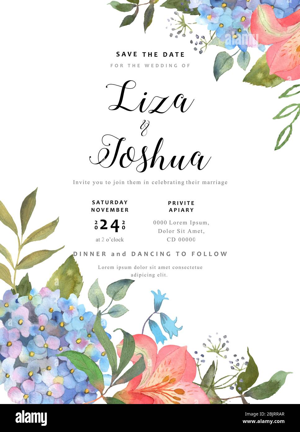 Matrimonio sfondo floreale con una fioritura blu di hydrangea e foglie. Mano disegnata in acquerello. Ottimo uso per inviti, stampe, saluti Illustrazione Vettoriale