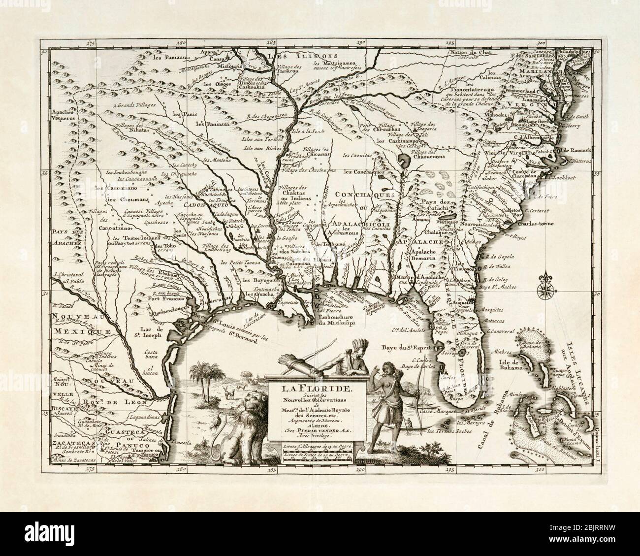 La Floride. Mappa del Nord America sudorientale, compresa la Florida, che mostra i villaggi dei nativi americani e gli insediamenti francesi, spagnoli e inglesi. Pubblicato da Pieter van der AA, Leiden, circa 1713. Foto Stock