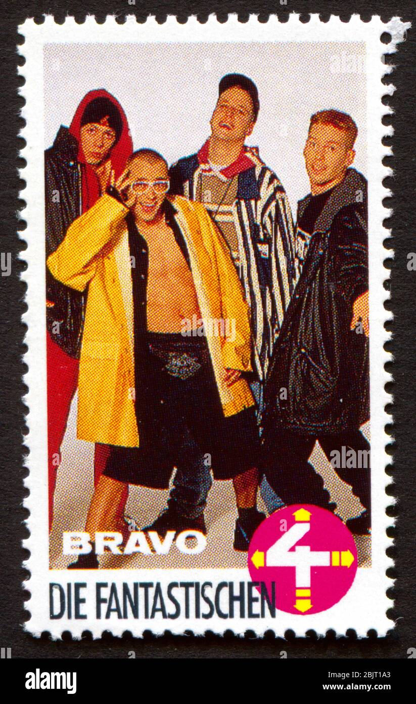 Die Fantastischen Vier su un vintage francobollo dal Bravo dai primi anni ottanta Foto Stock