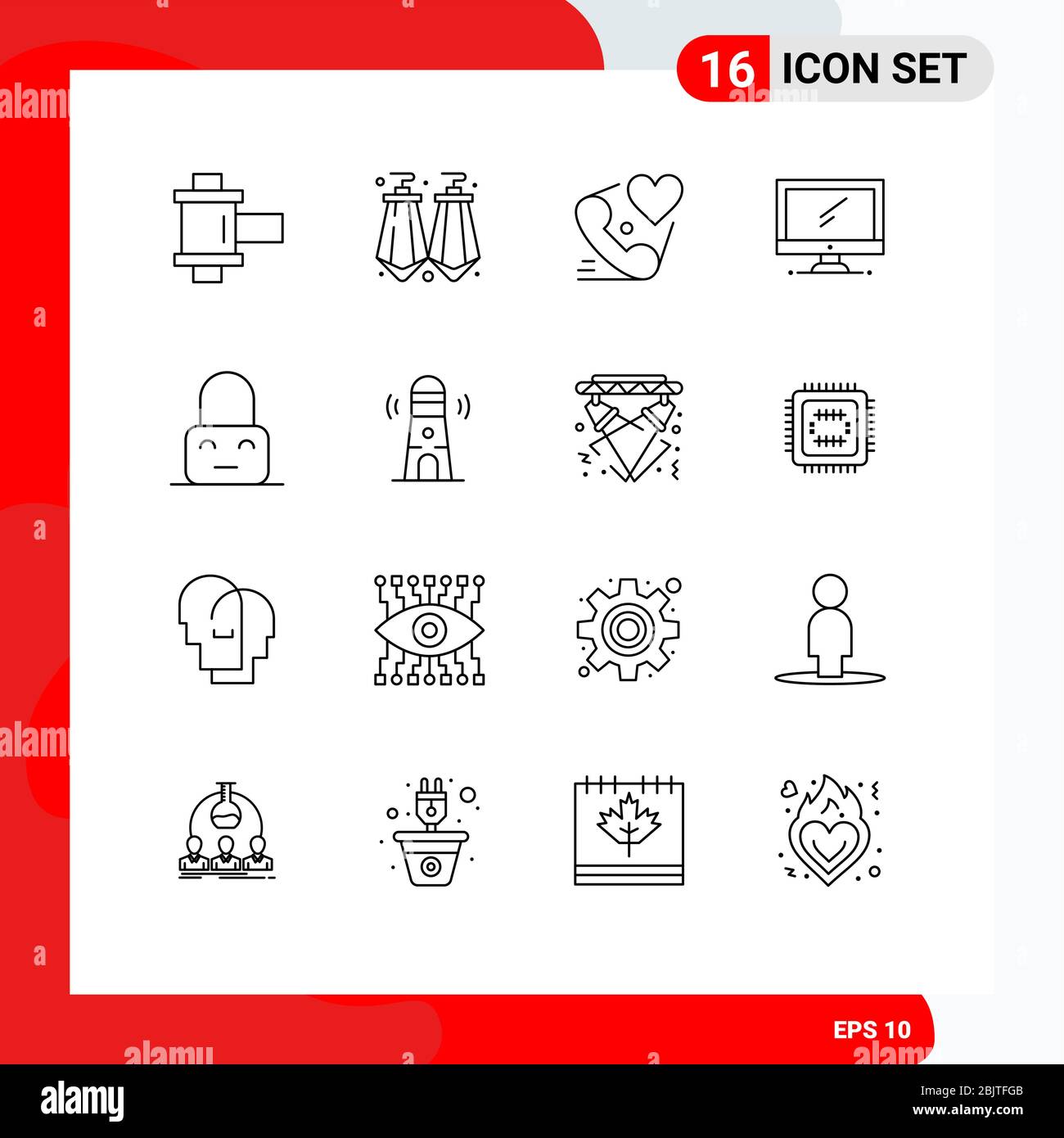 16 simboli di contorno universali di blocco, pc, cuore, imac, monitor elementi di design vettoriale modificabili Illustrazione Vettoriale