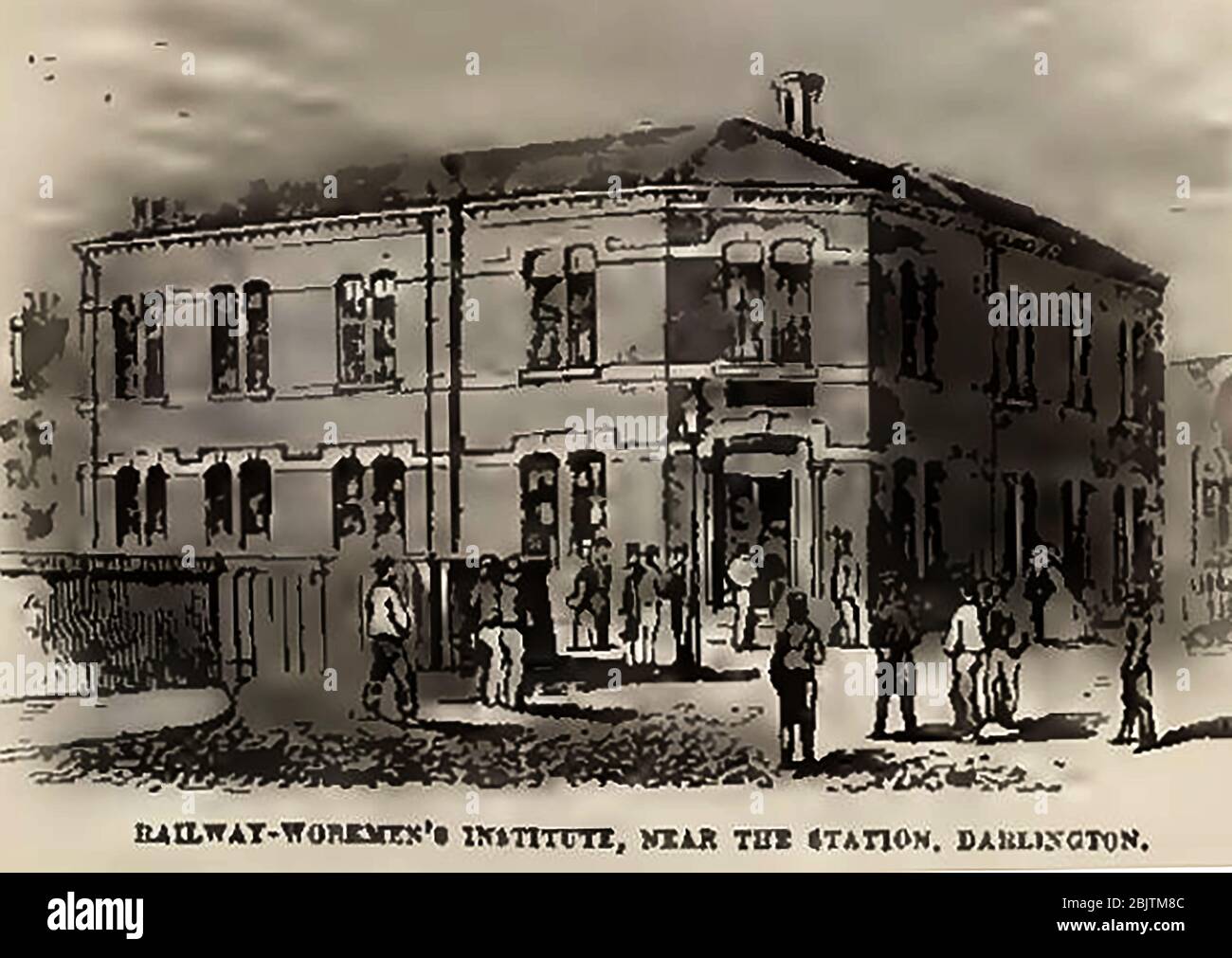 Un disegno vittoriano di lavaggio del club dell'Istituto dei lavoratori ferroviari di Darlington (Inghilterra) all'incrocio tra North Road e Whessoe Road come era nel 1863. Foto Stock