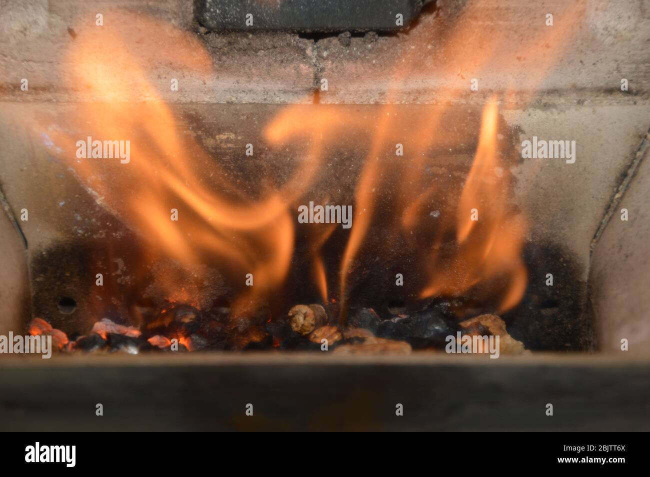 Pellet di legno nel fuoco Foto Stock