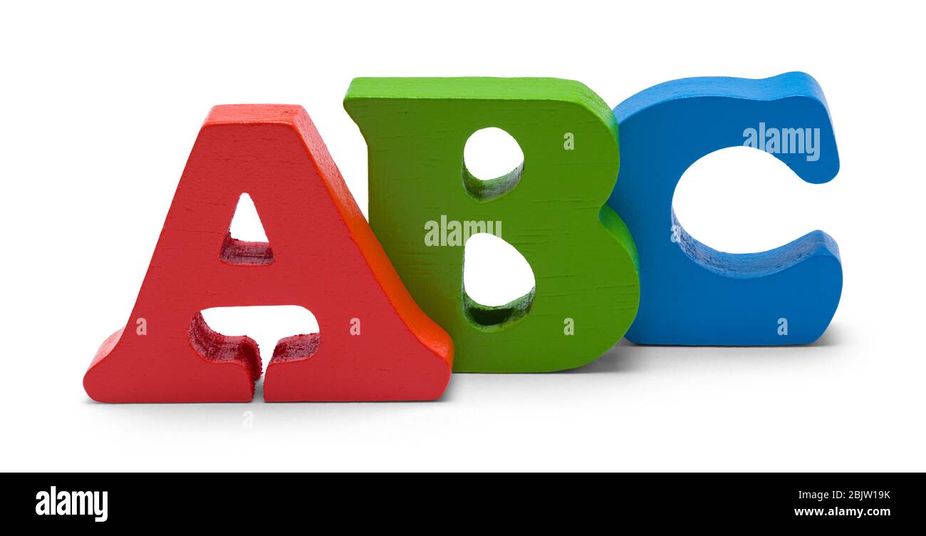 Legno ABC blocco lettere isolato su bianco. Foto Stock