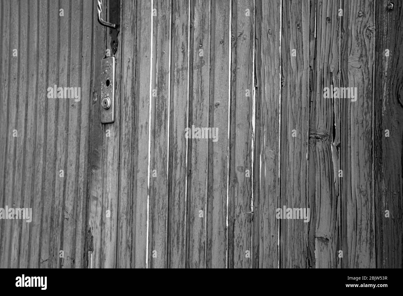 Primo piano di struttura in legno afflitta di vecchia porta blu con manico arrugginito e vernice incrinata. Foto in bianco e nero di sfondo in legno a righe con copia Foto Stock